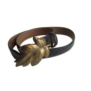 *Talbots Black Leather Croc Belt Patent Embossed Leaf Punch Buckle